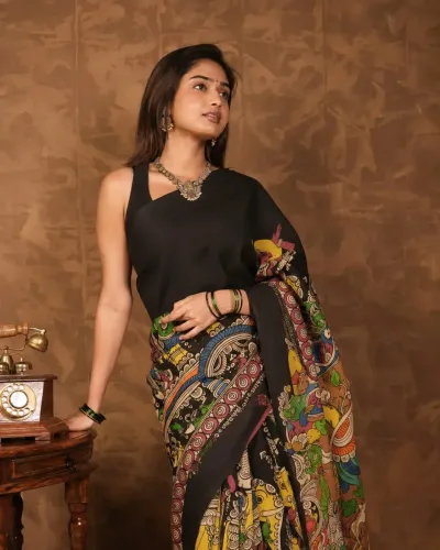Black Mul Silk Deep Black Kalamkari Artwork Saree